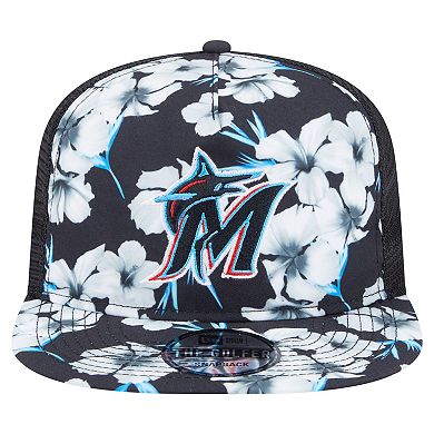 Men's New Era Black Miami Marlins Adventure Pattern Golfer Trucker Snapback Hat