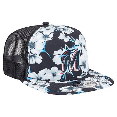 Men's New Era Black Miami Marlins Adventure Pattern Golfer Trucker Snapback Hat