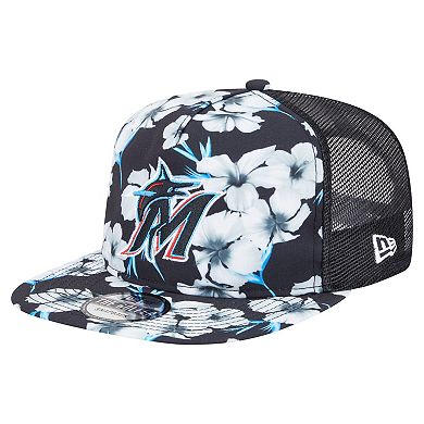 Men's New Era Black Miami Marlins Adventure Pattern Golfer Trucker Snapback Hat