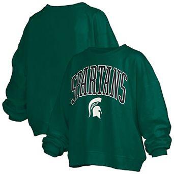 Women's Pressbox Green Michigan State Spartans Janise Arch Over Logo Waist Length Oversized Pullover Sweatshirt