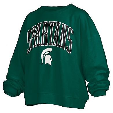 Women's Pressbox Green Michigan State Spartans Janise Arch Over Logo Waist Length Oversized Pullover Sweatshirt