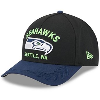 Men's New Era Black/College Navy Seattle Seahawks 2025 NFL Draft 9FORTY A-Frame M-Crown Adjustable Hat
