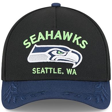Men's New Era Black/College Navy Seattle Seahawks 2025 NFL Draft 9FORTY A-Frame M-Crown Adjustable Hat