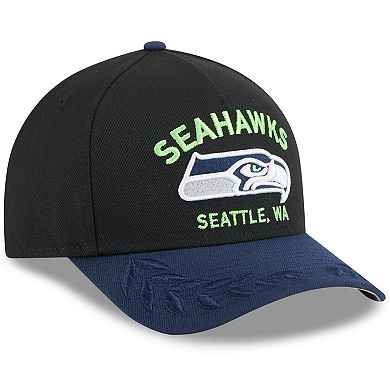Men's New Era Black/College Navy Seattle Seahawks 2025 NFL Draft 9FORTY A-Frame M-Crown Adjustable Hat
