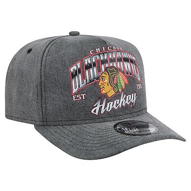 Men's New Era Charcoal Chicago Blackhawks Throwback Washed A-Frame Pre-Curved 9FIFTY Snapback Hat