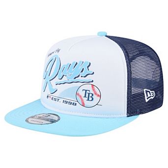 Men's New Era White/Light Blue Tampa Bay Rays Retro Script Trucker 9FIFTY Snapback Hat