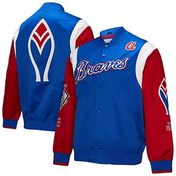 Men's Mitchell & Ness Royal/Red Atlanta Braves Cooperstown Collection Team Origins Satin Full-Snap Jacket