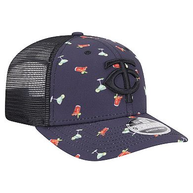 Men's New Era Black Minnesota Twins Adventure Drinks Pattern 9SEVENTY Stretch-Snap Hat
