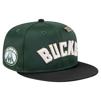 Men's New Era Hunter Green/Black Milwaukee Bucks Throwback Satin Vintage Pin Two-Tone 59FIFTY Fitted Hat