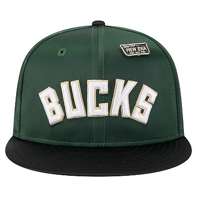 Men's New Era Hunter Green/Black Milwaukee Bucks Throwback Satin Vintage Pin Two-Tone 59FIFTY Fitted Hat