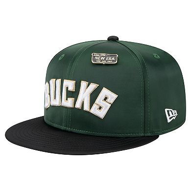 Men's New Era Hunter Green/Black Milwaukee Bucks Throwback Satin Vintage Pin Two-Tone 59FIFTY Fitted Hat