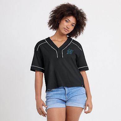 Women's Fanatics Black Miami Marlins Oversized Champ Game Cropped V-Neck T-Shirt