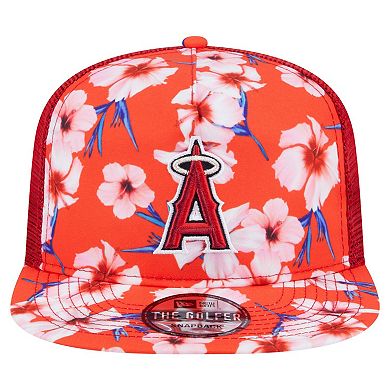 Men's New Era Red Los Angeles Angels Adventure Pattern Golfer Trucker Snapback Hat