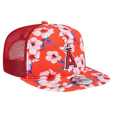 Men's New Era Red Los Angeles Angels Adventure Pattern Golfer Trucker Snapback Hat