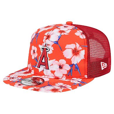 Men's New Era Red Los Angeles Angels Adventure Pattern Golfer Trucker Snapback Hat