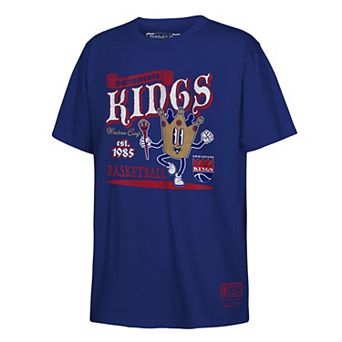 Youth Mitchell & Ness Royal Sacramento Kings Retro Mascot Script T-Shirt