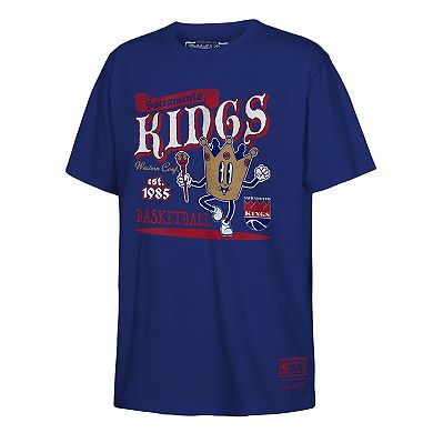 Youth Mitchell & Ness Royal Sacramento Kings Retro Mascot Script T-Shirt