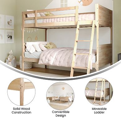 Emma and Oliver Convertible Kids Wood Slatted Bunk Bed Frame with Ladder, No Box Spring Required