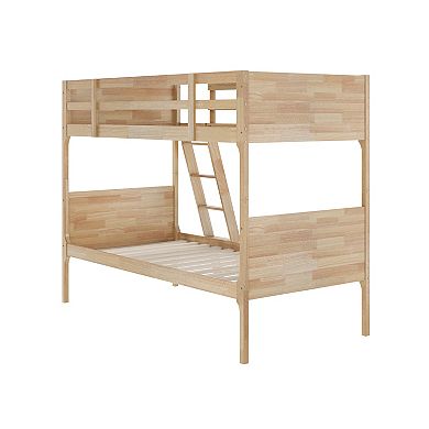 Emma and Oliver Convertible Kids Wood Slatted Bunk Bed Frame with Ladder, No Box Spring Required