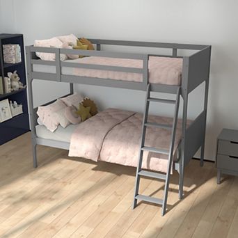 Emma and Oliver Convertible Kids Wood Slatted Bunk Bed Frame with Ladder, No Box Spring Required