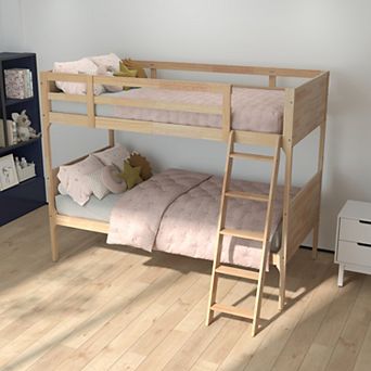 Emma and Oliver Convertible Kids Wood Slatted Bunk Bed Frame with Ladder, No Box Spring Required
