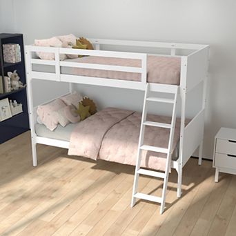 Emma and Oliver Convertible Kids Wood Slatted Bunk Bed Frame with Ladder, No Box Spring Required