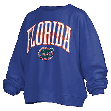 Women's Pressbox Royal Florida Gators Janise Arch Over Logo Waist Length Oversized Pullover Sweatshirt