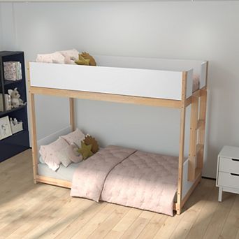Emma and Oliver Convertible Kids Solid Wood Bunk Bed Frame with Ladder & No Box Spring Required