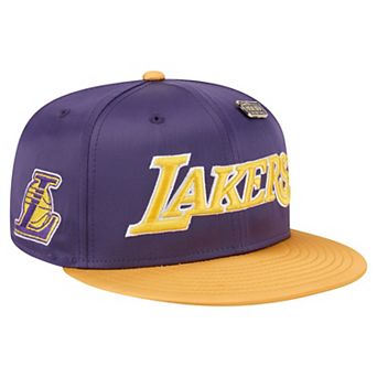 Men's New Era Purple/Gold Los Angeles Lakers Throwback Satin Vintage Pin Two-Tone 59FIFTY Fitted Hat