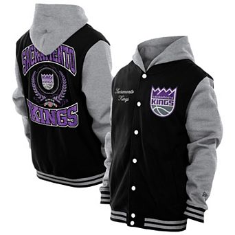 Men's New Era Black Sacramento Kings Throwback Prep Chenille Full-Snap Hooded Varsity Jacket