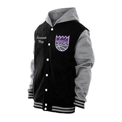 Men's New Era Black Sacramento Kings Throwback Prep Chenille Full-Snap Hooded Varsity Jacket