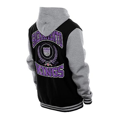 Men's New Era Black Sacramento Kings Throwback Prep Chenille Full-Snap Hooded Varsity Jacket