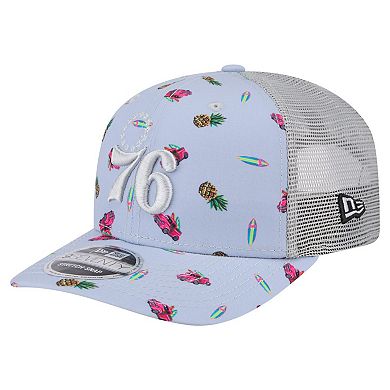 Men's New Era Light Blue/Gray Philadelphia 76ers Adventure Aloha Pattern 9SEVENTY Stretch-Snap Hat