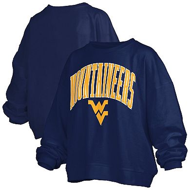 Women's Pressbox Navy West Virginia Mountaineers Janise Arch Over Logo Waist Length Oversized Pullover Sweatshirt