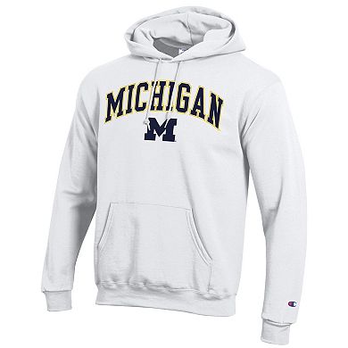 Men's Champion White Michigan Wolverines Arched Logo Fleece Pullover Hoodie