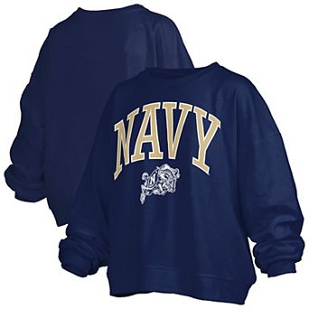 Women's Pressbox Navy Navy Midshipmen Janise Arch Over Logo Waist Length Oversized Pullover Sweatshirt