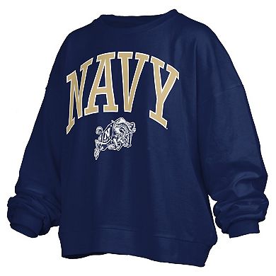 Women's Pressbox Navy Navy Midshipmen Janise Arch Over Logo Waist Length Oversized Pullover Sweatshirt
