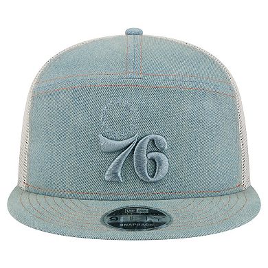 Men's New Era Philadelphia 76ers Adventure Denim Split Panel 9FIFTY Snapback Trucker Hat