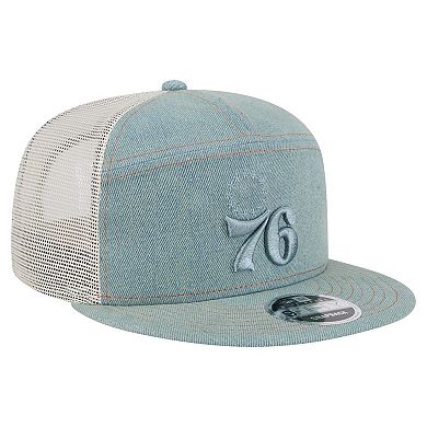 Men's New Era Philadelphia 76ers Adventure Denim Split Panel 9FIFTY Snapback Trucker Hat