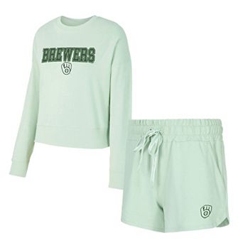 Women's Concepts Sport Light Green Milwaukee Brewers Elevation Tri-Blend Long Sleeve T-Shirt & Shorts Set