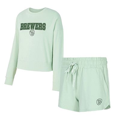Women's Concepts Sport Light Green Milwaukee Brewers Elevation Tri-Blend Long Sleeve Top & Shorts Set