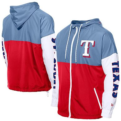 Men's�New Era Red/Light Blue Texas Rangers Color Block Full-Zip Hoodie Windbreaker