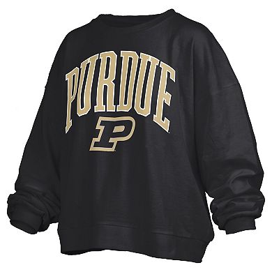Women's Pressbox Black Purdue Boilermakers Janise Arch Over Logo Waist Length Oversized Pullover Sweatshirt