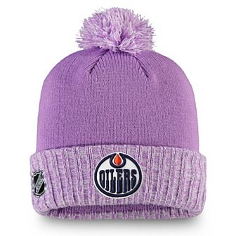 Men's Fanatics Heather Purple Edmonton Oilers Hockey Fights Cancer Cuffed Knit Hat with Pom