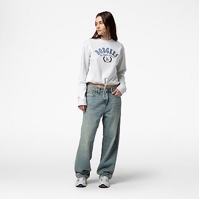 Women's Mitchell & Ness Heather Gray Los Angeles Dodgers Cropped Toggle Pullover Sweatshirt