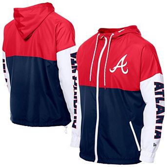 Men's New Era Navy/Red Atlanta Braves Color Block Full-Zip Hoodie Windbreaker