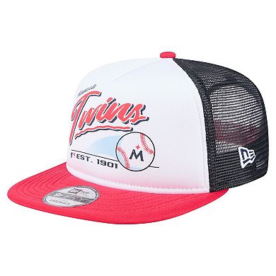 Men's New Era White/Red Minnesota Twins Retro Script Trucker 9FIFTY Snapback Hat