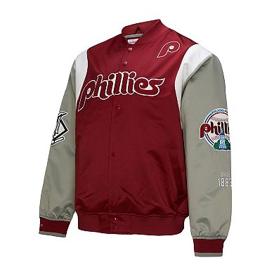 Men's Mitchell & Ness Burgundy/Gray Philadelphia Phillies Cooperstown Collection Team Origins Satin Full-Snap Jacket