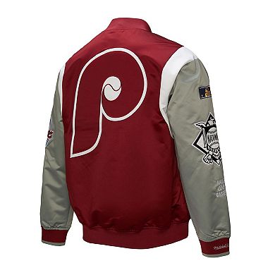 Men's Mitchell & Ness Burgundy/Gray Philadelphia Phillies Cooperstown Collection Team Origins Satin Full-Snap Jacket