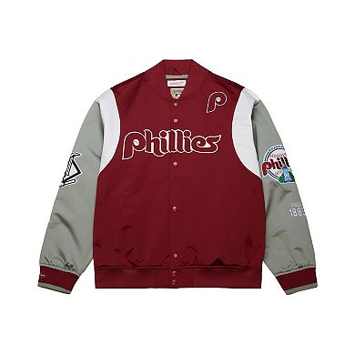 Men's Mitchell & Ness Burgundy/Gray Philadelphia Phillies Cooperstown Collection Team Origins Satin Full-Snap Jacket